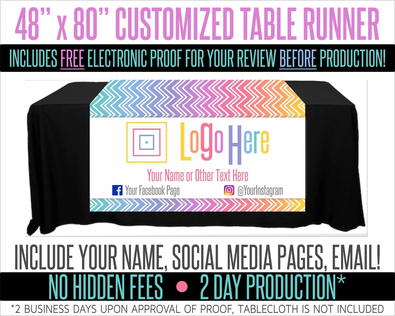 Full Color Table Runner with Your Logo in a Chevron Fade Style Background - 48" x 80"