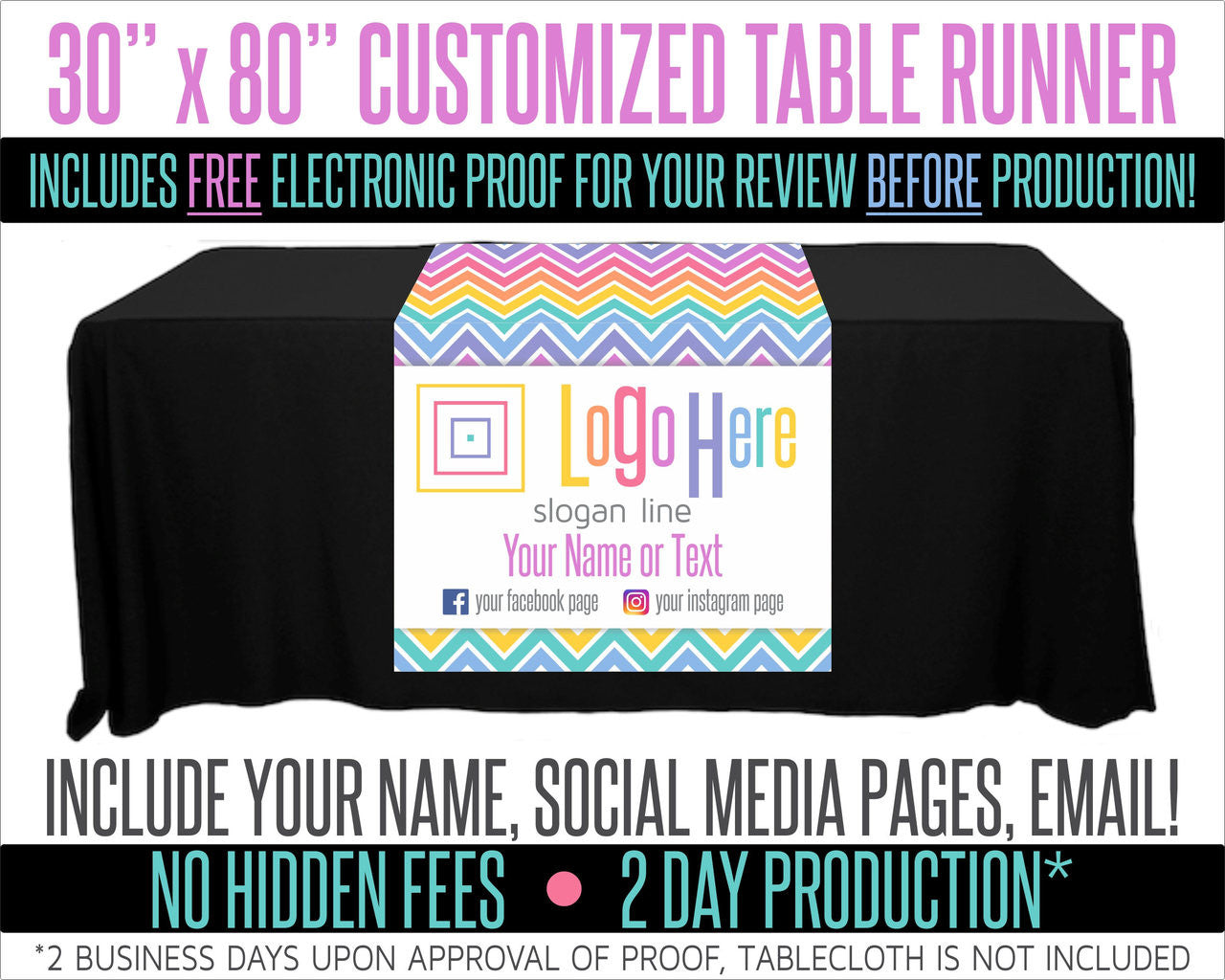 Full Color Table Runner with Your Logo in a Chevron Style Background - 30" x 80"