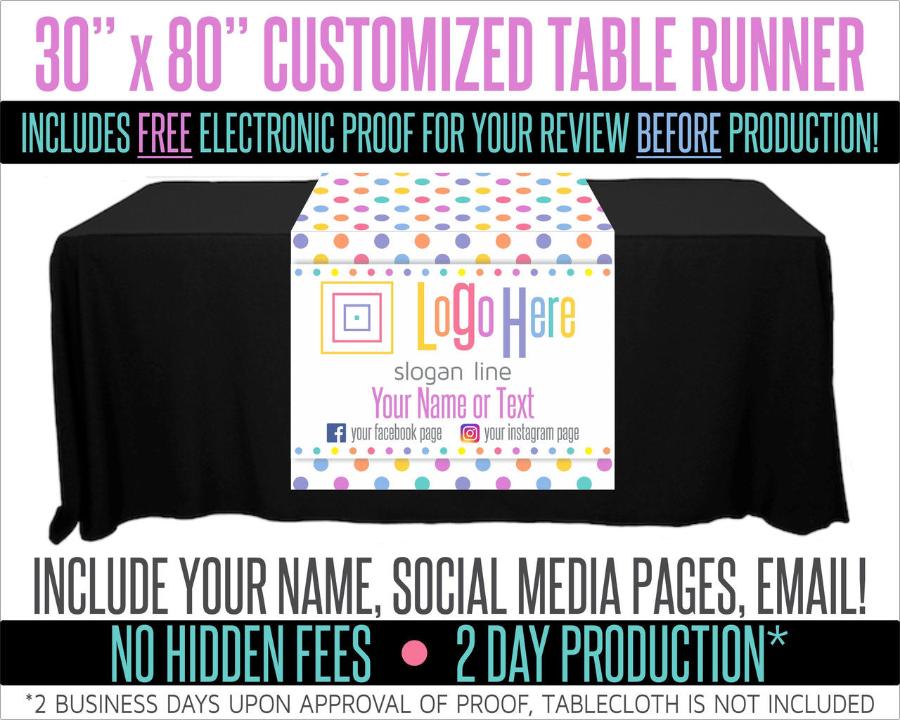Full Color Table Runner with Your Logo in a Polka Dot Style Background - 30" x 80"