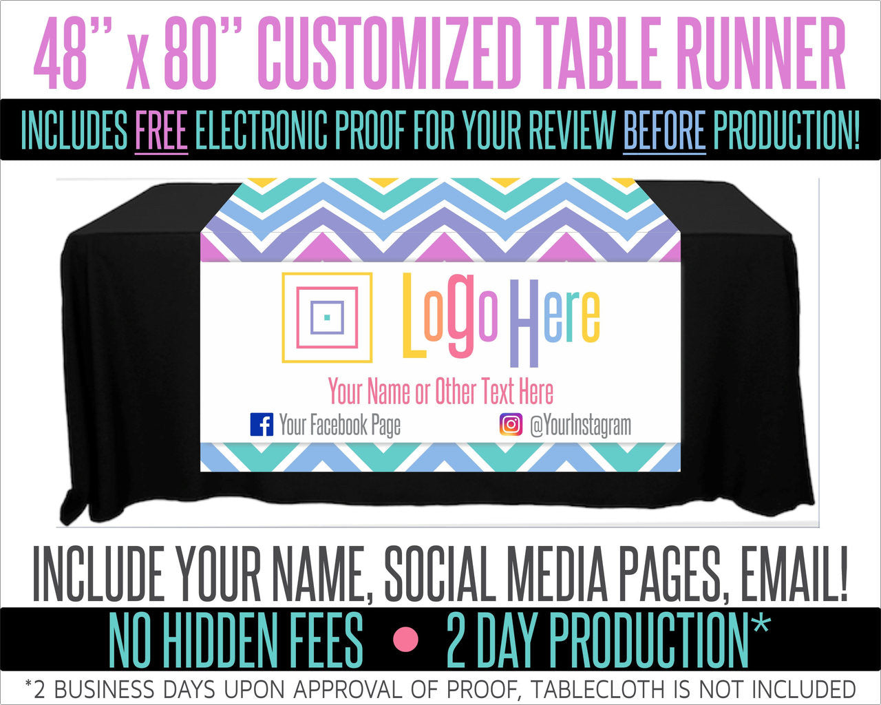 Full Color Table Runner with Your Logo in a Chevron Style Background - 48" x 80"