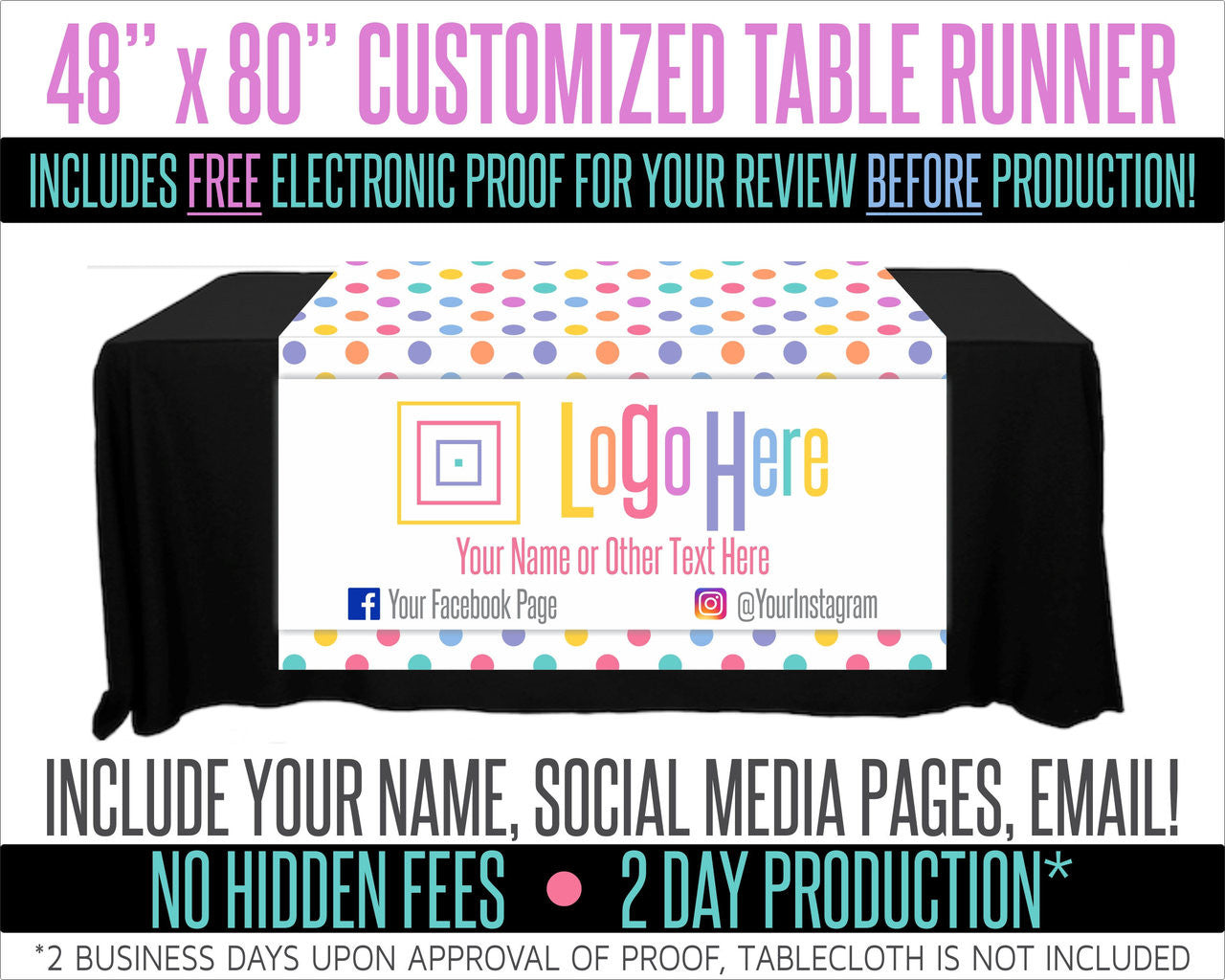 Full Color Table Runner with Your Logo in a Polka Dot Style Background - 48" x 80"