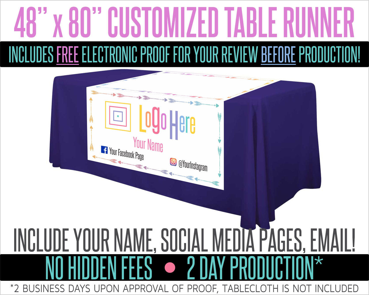 Full Color Table Runner with Your Logo in a Arrow Style Border- 48" x 80" - White