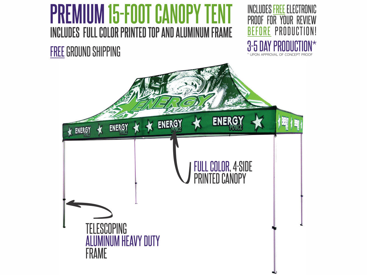 Premium Custom Printed 15ft x 10ft Canopy Pop-Up Tent with Aluminum Frame