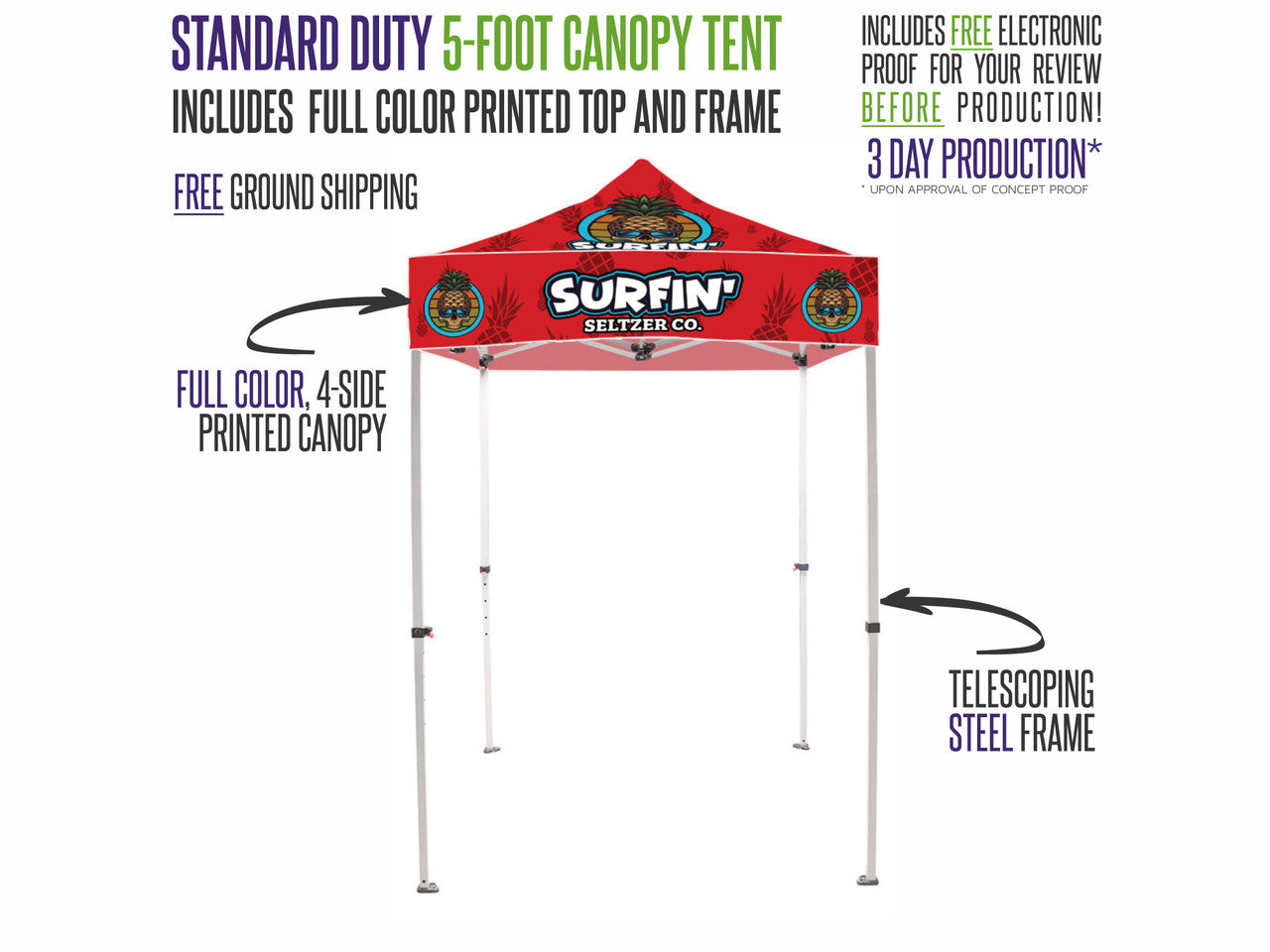 Standard Duty Custom Printed 5ft x 5ft Canopy Pop-Up Tent with Steel Frame