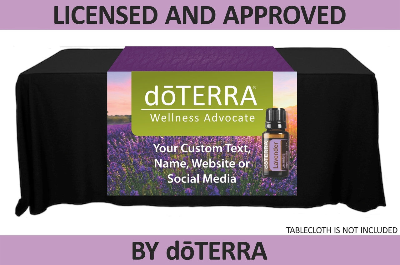 doTERRA Table Runner with Lavender Sunrise and Bottle Image - Personalized - 38" x 80"