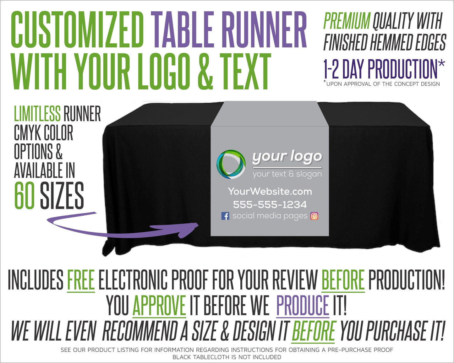 Custom Full Color Table Runner with Free Proof & 60 Size Options - Includes Free Proof for Review!