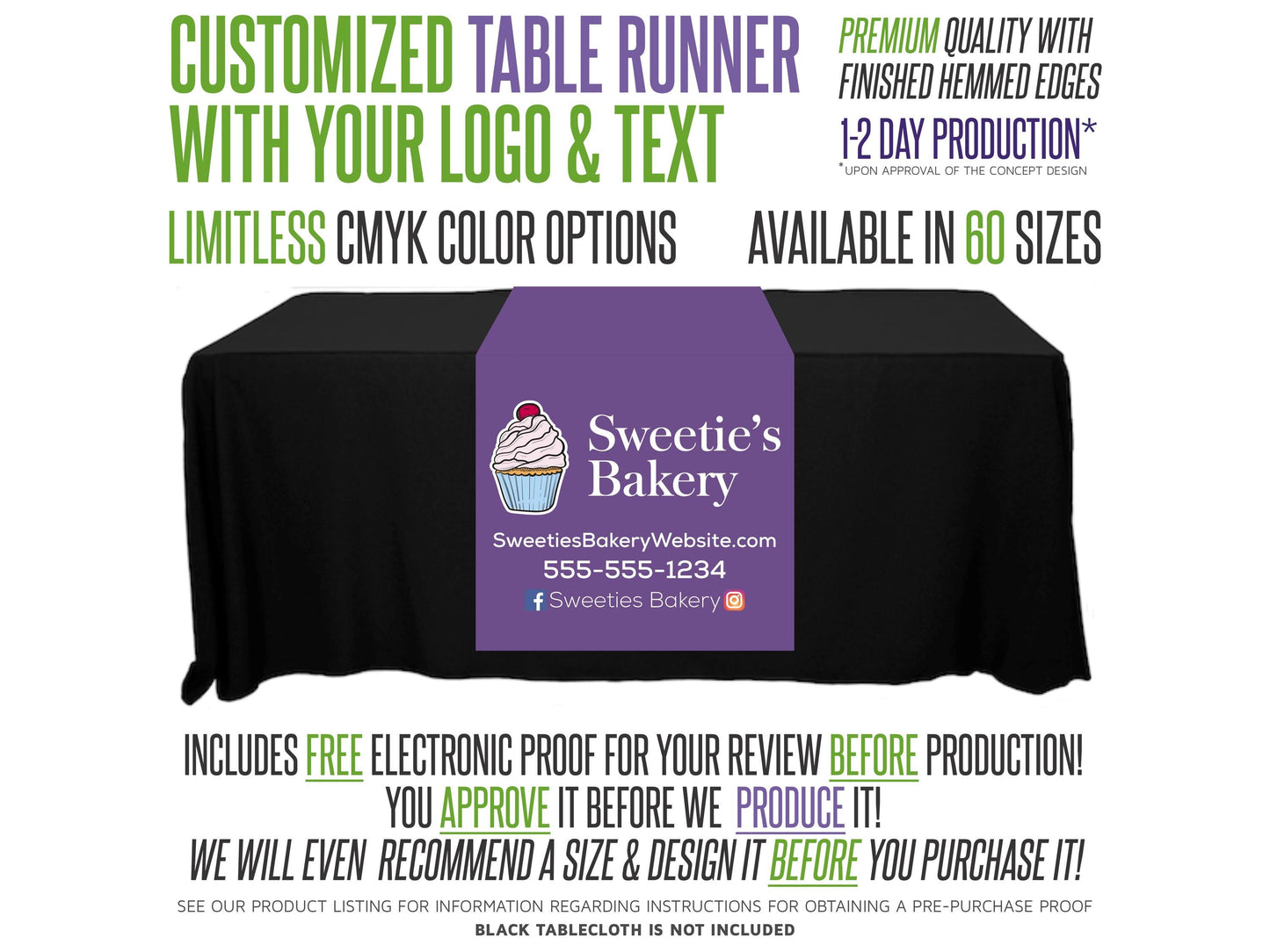 Custom Full Color Table Runner with Free Proof & 60 Size Options - Includes Free Proof for Review!