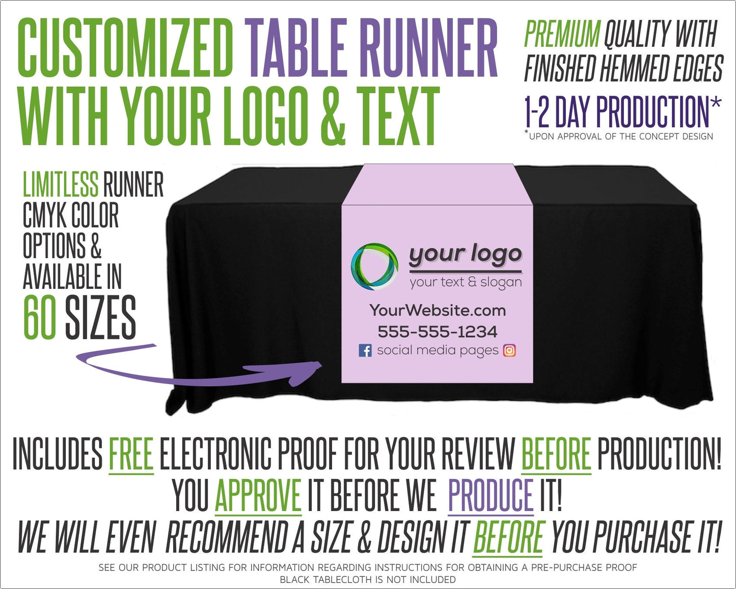 Custom Full Color Table Runner with Free Proof & 60 Size Options - Includes Free Proof for Review!