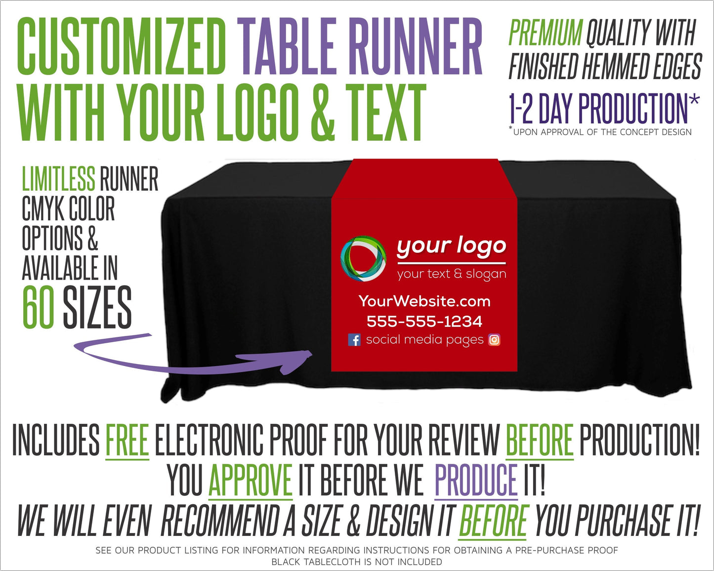 Custom Full Color Table Runner with Free Proof & 60 Size Options - Includes Free Proof for Review!