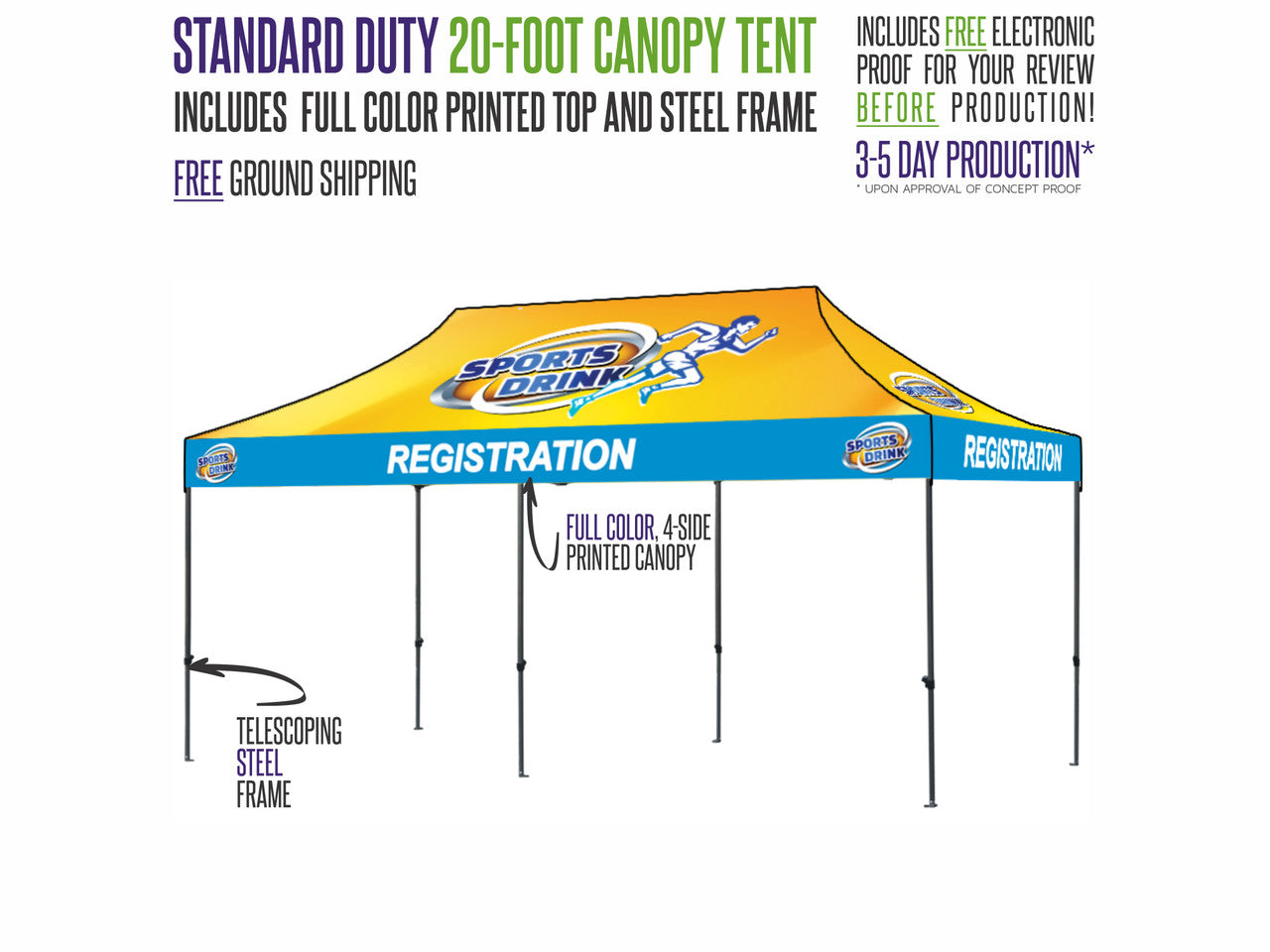 Standard Duty Custom Printed 20ft x 10ft Canopy Pop-Up Tent with Steel Frame
