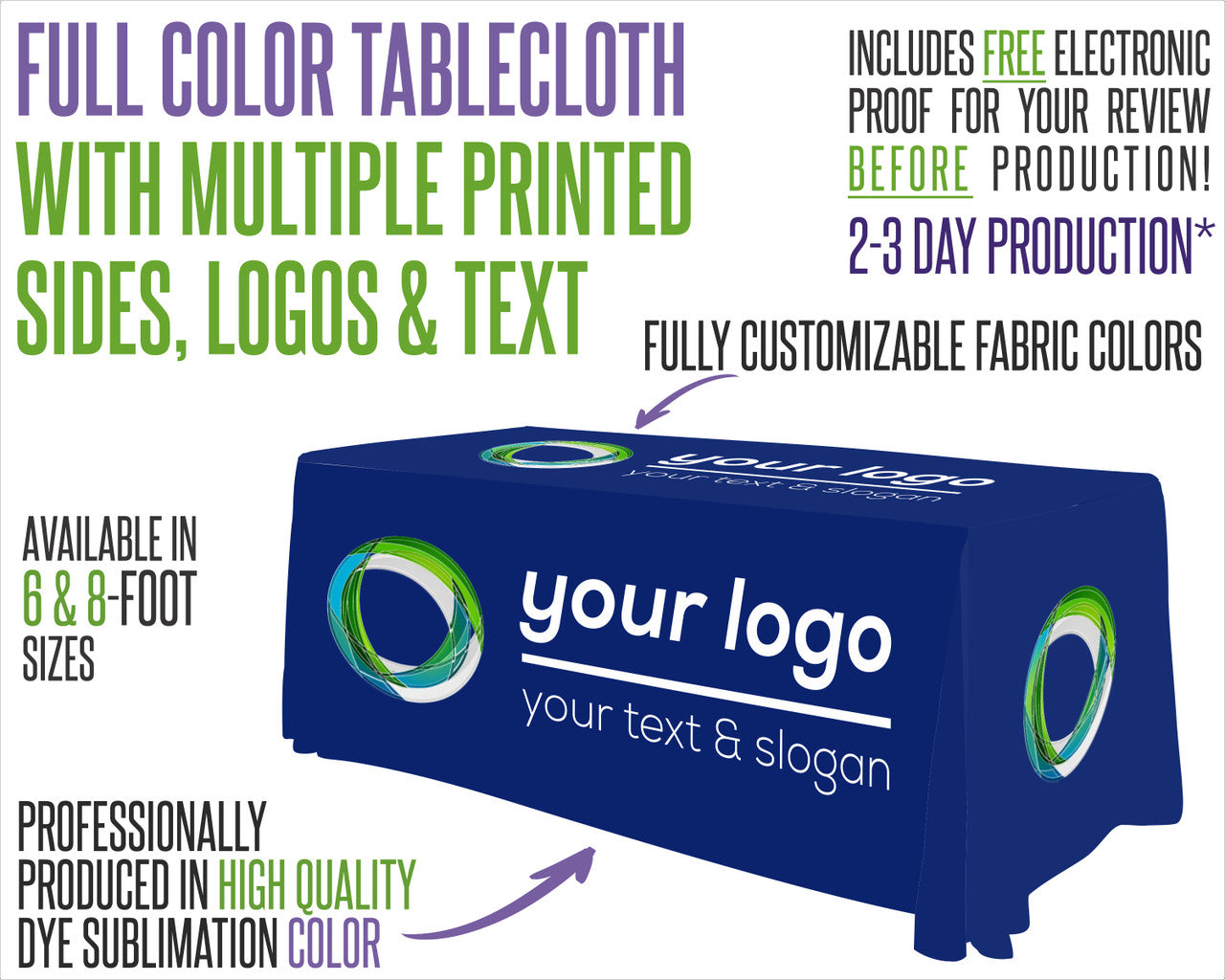 blue premium custom tablecloth with open and closed back options