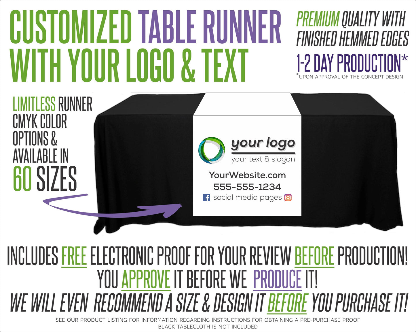 Custom Full Color Table Runner with Free Proof & 60 Size Options - Includes Free Proof for Review!