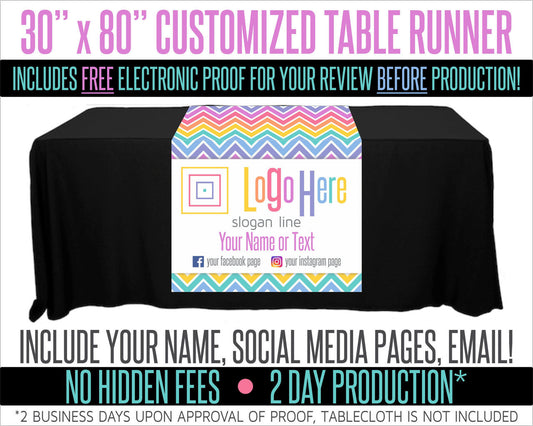 Full Color Table Runner with Your Logo in a Chevron Style Background - 30" x 80"