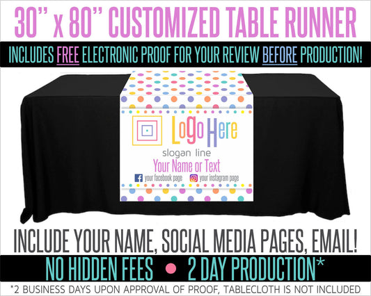 Full Color Table Runner with Your Logo in a Polka Dot Style Background - 30" x 80"