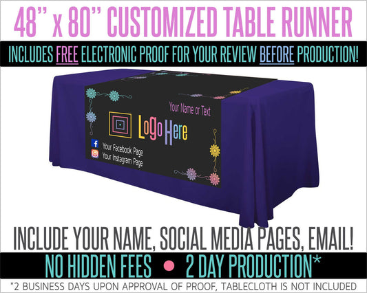 Full Color Table Runner with Your Logo in a Flower Styled Border- 48" x 80" - Black