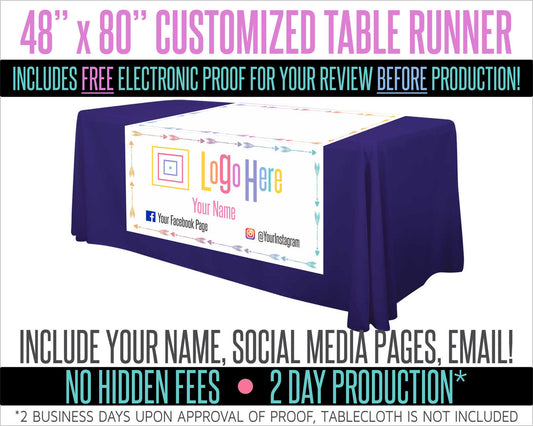 Full Color Table Runner with Your Logo in a Arrow Style Border- 48" x 80"  - White