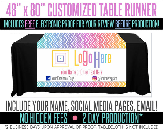 Full Color Table Runner with Your Logo in a Chevron Fade Style Background - 48" x 80"