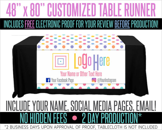 Full Color Table Runner with Your Logo in a Polka Dot Style Background - 48" x 80"