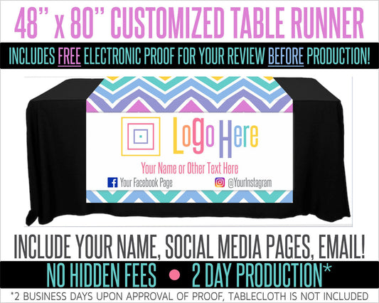 Full Color Table Runner with Your Logo in a Chevron Style Background - 48" x 80"