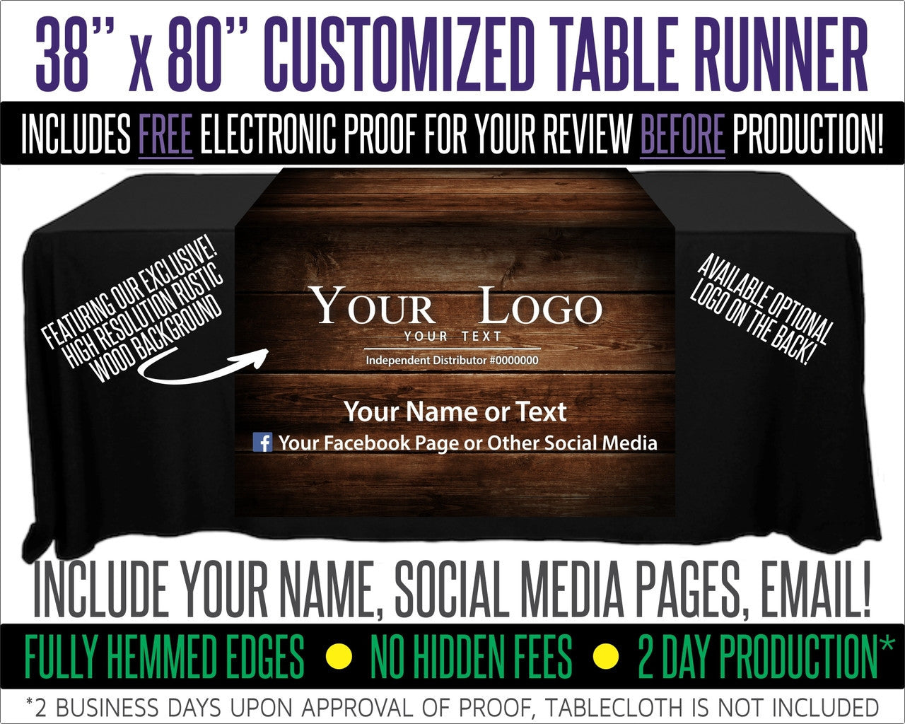 Full Color Table Runner with Your Logo - 38" x 80"  -  Dark Wood Background!