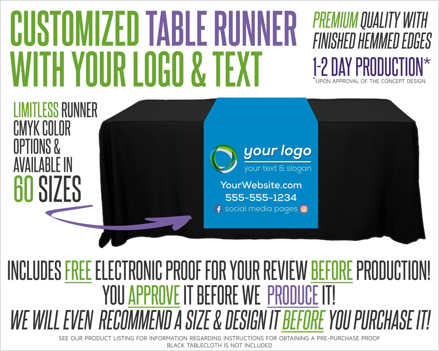 Custom Full Color Table Runner with Free Proof & 60 Size Options - Includes Free Proof for Review!